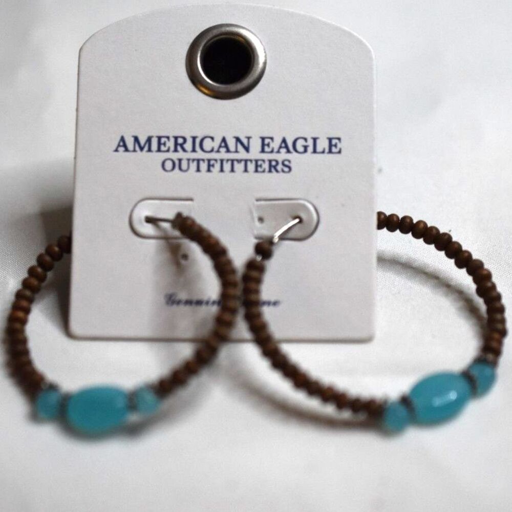 NWT American Eagle Teal/Brown Wood Beaded Hoop Trendy Earrings